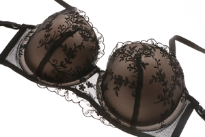 Detailed view of black floral embroidery and scallop lace on elegant mesh bra