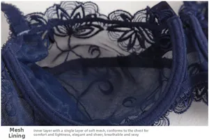 Detail view of breathable navy blue mesh lining and delicate lace of the bra cup