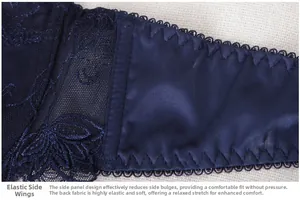 Detail of navy blue lace bra showing elastic side wings for smoothing and breast support