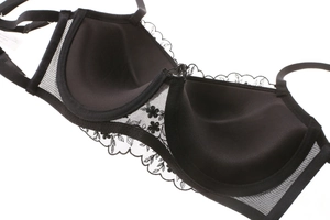 Detail of black lace underwire bra featuring intricate floral embroidery and mesh details