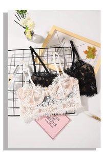 Detailed view of eyelash lace bra with underwire support and pearl button accents