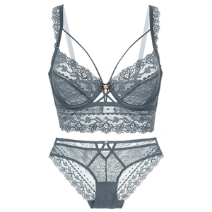 Lace lingerie set with sheer floral embroidery and delicate pink flower detail