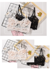 Detailed close-up of lace bralettes with eyelash trim and elegant faux pearl front buttons