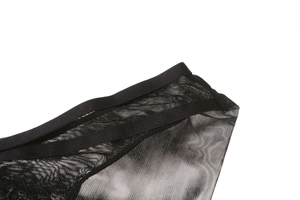 Close-up of black lace mesh fabric and fine embroidery detail on french lingerie