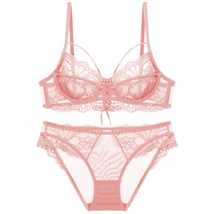 Pink lace lingerie set with ribbon tie bra and sheer mesh briefs on white background