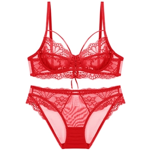 Red lace lingerie set with floral embroidery bra and matching sheer mesh panties