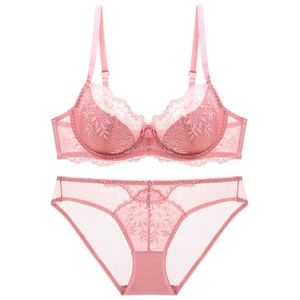 Women Sexy Lace Bra And Panty Top And Bottom Embroidery Thin Minimizer Lingerie Set Large Size Floral Mesh Underwear