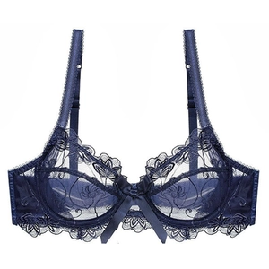 Navy blue lace bra featuring full coverage floral embroidery and a satin bow detail