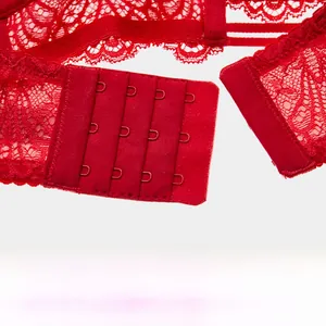 Close-up of red floral lace bra with four-row hook-and-eye back closure detail