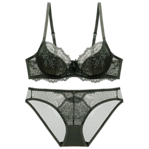 Forest green floral lace lingerie set with underwire bra and matching mesh panties