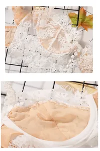 Detail view of white lace bra featuring delicate eyelash trim and sheer mesh lining