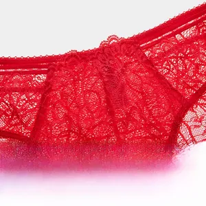Detailed macro view of the red floral lace texture and scalloped edges on these panties