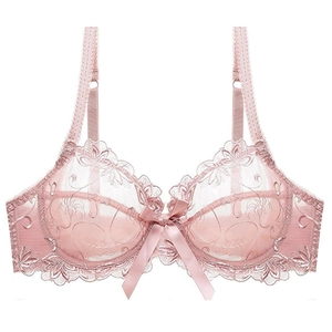 Pale pink ultra-thin mesh lace bra featuring elegant floral embroidery and satin bow