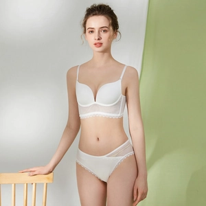 Dettaglio del reggiseno bianco senza cuciture con pizzo e set di biancheria in rete