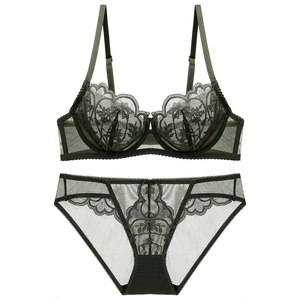 Detailed close-up of olive green lace lingerie set with sheer mesh and floral embroidery