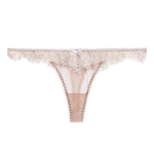 Tanga élégant en dentelle française pour femme beige champagne avec petit nœud