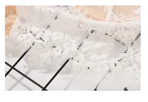 Close-up detail of white eyelash lace fabric with intricate patterns and delicate edges