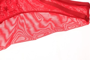 Detailed macro view of delicate floral embroidery on red lace mesh lingerie fabric