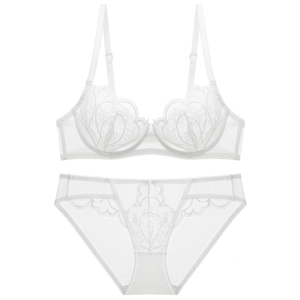 Detailed view of white floral lace embroidery and sheer mesh texture on lingerie set