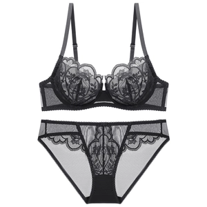 Detailed close-up of a black lace lingerie set with floral embroidery and mesh texture