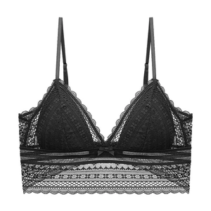 Sexy black lace triangle bralette with wireless U-back design and floral embroidery