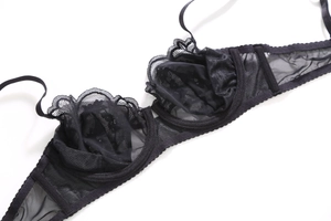 Close-up of black floral lace bra with underwire support and sheer mesh detailing