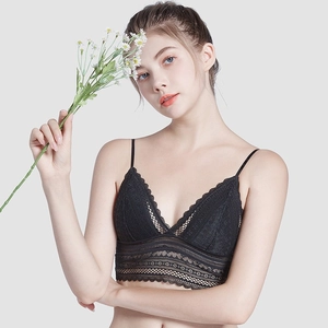 Elegant black lace deep V-neck bralette for women with floral hollow details