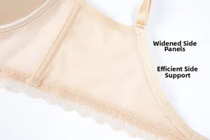 Dettaglio delle fasce laterali ampie su reggiseno nudo con mesh e bordo in pizzo