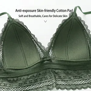 Lace bralette in dark green with triangular cups and adjustable straps for women