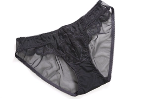 Close-up of black lace panties featuring floral embroidery and sheer mesh fabric