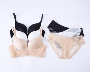 Three-piece seamless bra and lace panty sets in black, white and beige colors