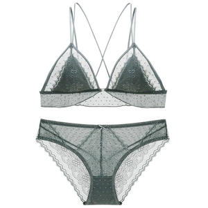 French Sexy Lace Top And Bottom Set For Women Wireless Ultra-Thin Triangle Cup Front Buckle Criss-Cross Back Mesh Underwear Set