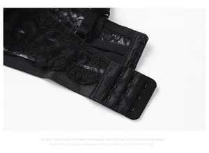 Detail of the three-row hook-and-eye closure and lace texture on a black push-up bra