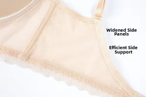 Detail of widened side wings with breathable mesh and lace trim for enhanced support