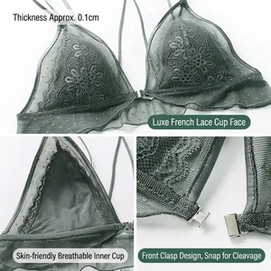 French lace triangle bralette with front closure and ultra-thin breathable green-grey cups