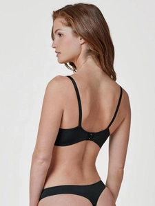 Back view of a seamless black lingerie set featuring slim straps and a matching thong