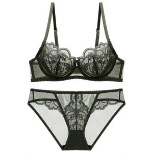 Deep green lace lingerie set with floral embroidery and mesh details for a sexy look