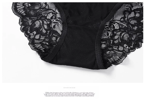 Detailed close-up of floral lace texture and scalloped edges on black women underwear