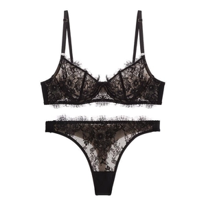 French style black eyelash lace lingerie set with floral patterns on white background