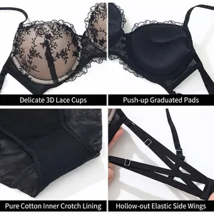 Lace bra set with push-up floral embroidery and elastic cutout side wings