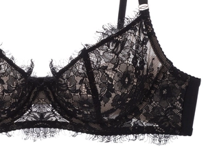Dettaglio del reggiseno in pizzo nero con ricami floreali e rifinitura in mesh fine