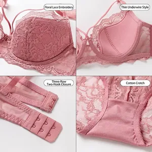 Ensemble de lingerie sexy en dentelle rose poudré avec bonnets fins et armatures