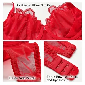 Red lace bra set with breathable ultra-thin cups and elastic side wings for women