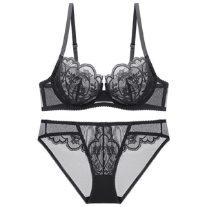 Elegant black lace lingerie set featuring sheer floral embroidery and underwire support