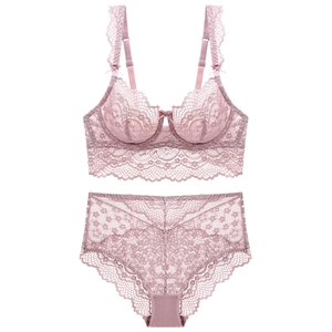 Dusty pink ultra-thin floral lace lingerie set with underwire bra and high waist panties