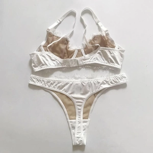 Flat lay of white eyelash lace lingerie set featuring ultra-thin bra and matching thong