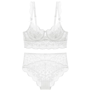 Elegant white lace lingerie set featuring a supportive underwire bra and high-waisted briefs