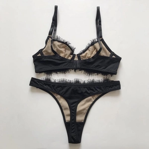 Close-up of black eyelash lace lingerie set with sheer mesh and skin-tone lining