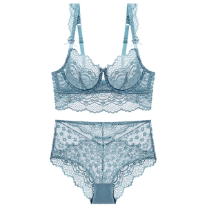 Elegant light blue lace lingerie set with floral patterns and high-waist panty for women