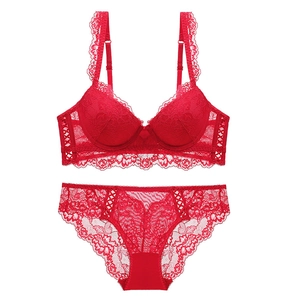 Detailed view of red lace lingerie set with floral embroidery and crisscross side straps